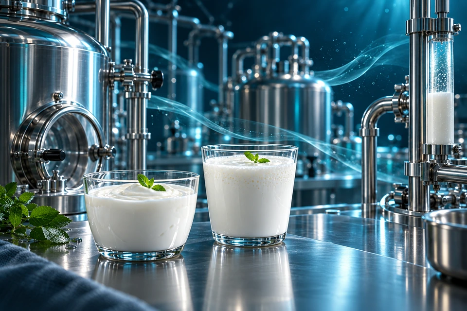Photorealistic render of a food production space with stainless steel vessels and cultured dairy products