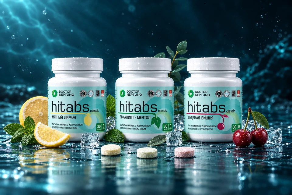 Three HITABS pastille jars in different flavours on a dark ocean-inspired reflective surface